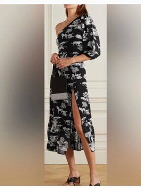 REFORMATION Freeport One Sleeve Belted Safari Printed Georgette Midi Dress Sz 6